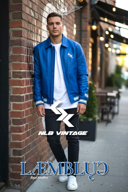 LÆMBLUƏ Blue Leather Varsity Jacket NLB VINTAGE