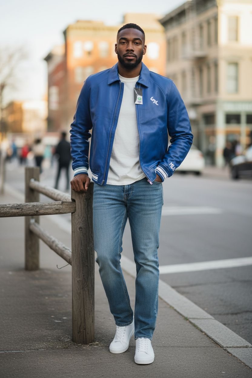 LÆMBLUƏ Blue Leather Varsity Jacket NLB VINTAGE